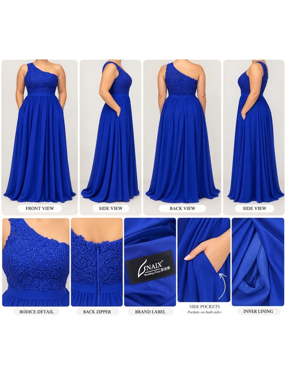 Royal Blue Lace One Shoulder Prom/Wedding/Event Formal Gown Dress W/ Pockets 18W